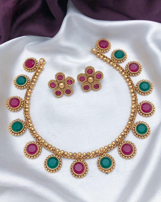 Traditional Gold-Plated Necklace Set with Red and Green Stones| Indian Temple Jewelry| Elegant Wedding Necklace with Matching Earrings