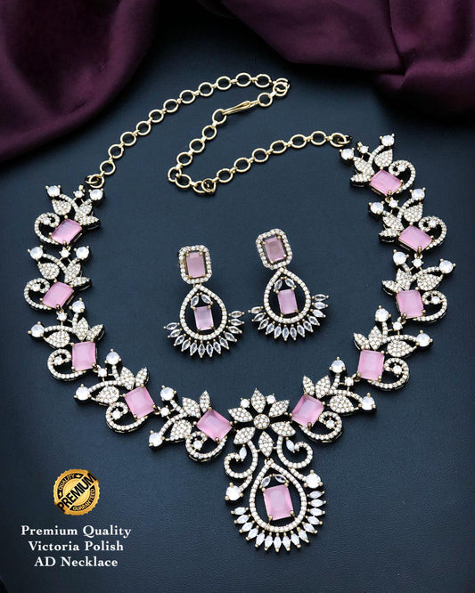 Victorian Polish CZ Diamond Necklace Set with Pink Stones| American Diamond Statement Wedding Necklace with Matching Earrings| Gift For her