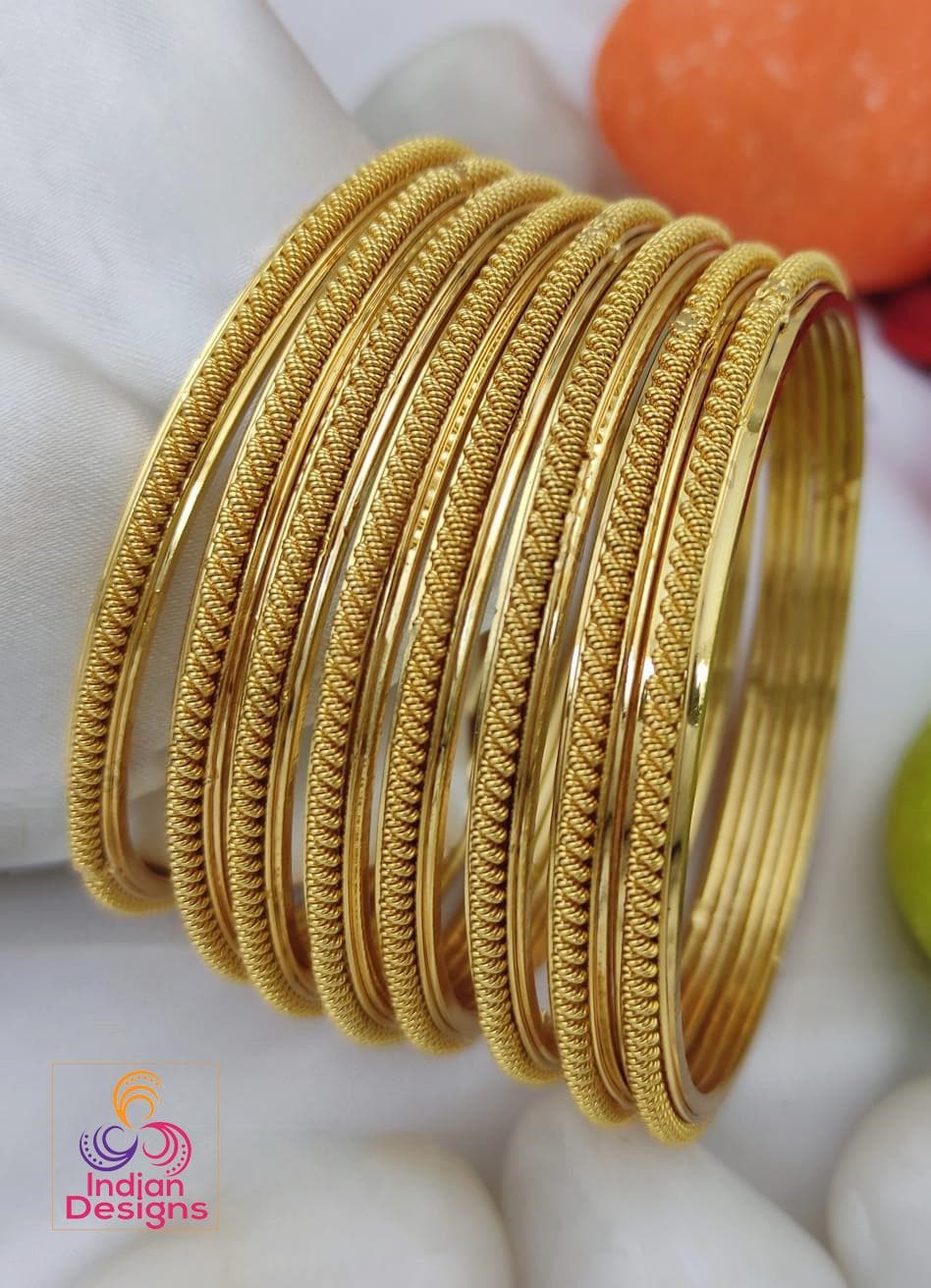 Gold-Plated Daily wear Bangle Bracelets set of 8| Traditional Indian Jewelry Wedding bangle set| Ethnic Bangle set| Rope design bracelet