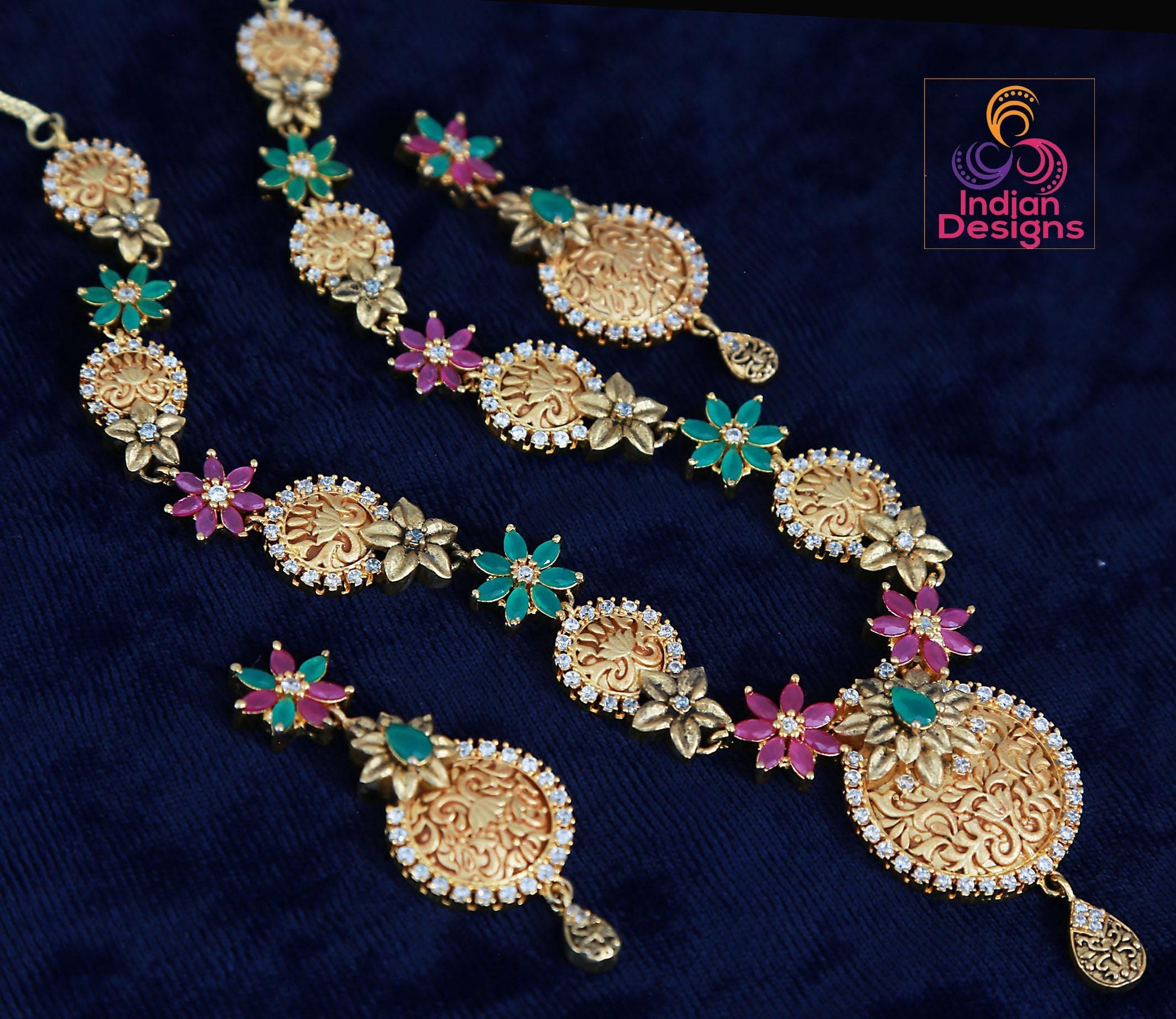 Gold-Plated Necklace Set with Green and Pink Floral design| Antique Finish Indian Jewelry| Traditional Necklace & Earrings Set for Weddings