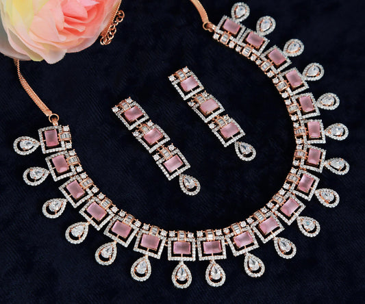 Elegant Rose Gold-Plated Necklace Set with Pink Square Stones and CZ Stones| Statement Wedding & Party Wear Necklace with Matching Earrings