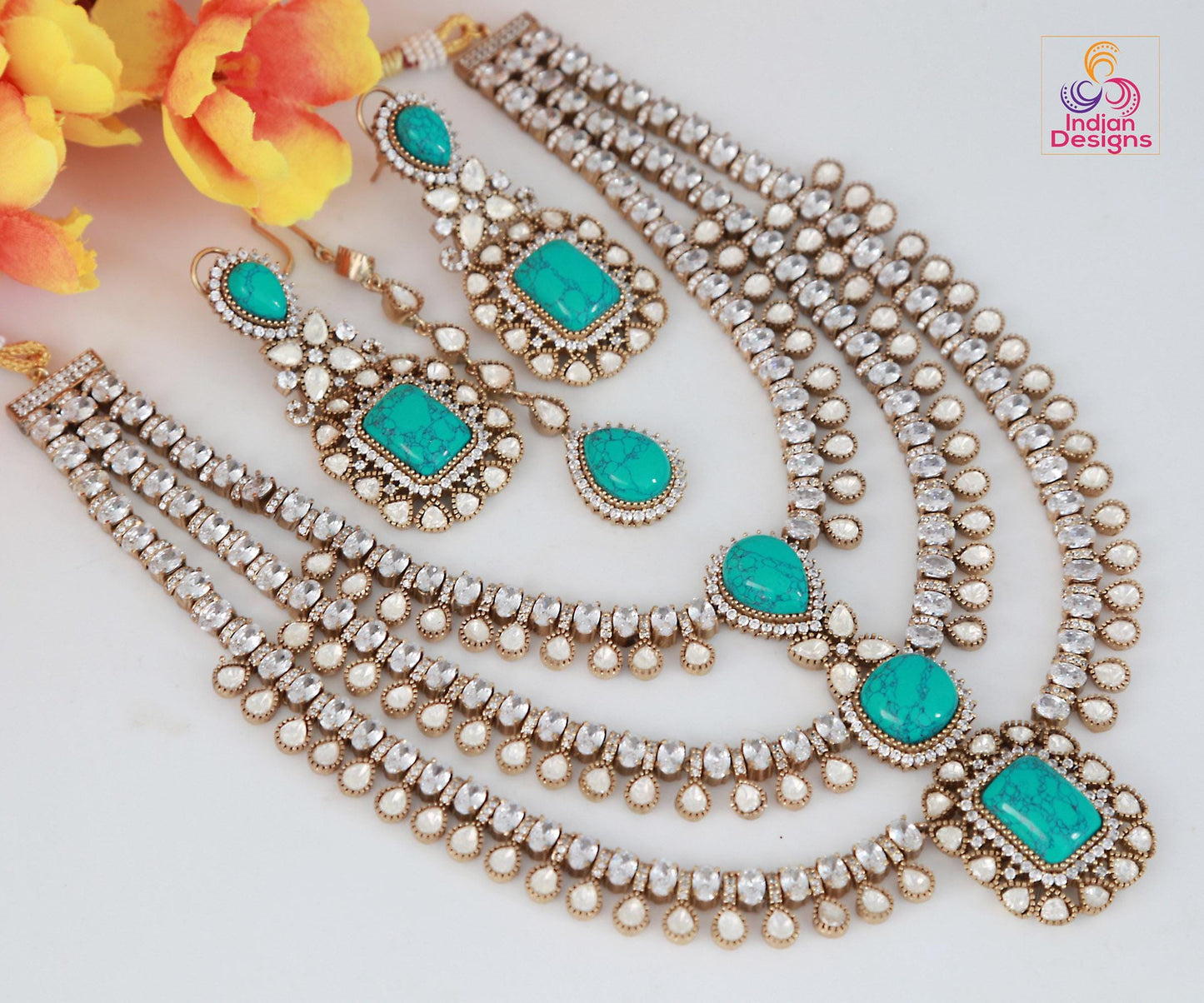 Turquoise Dull-Gold Moissanite Doublet Stone Necklace| Indian Wedding Jewelry| Sabyasachi Necklace| Multi-layered Necklace Set| gift for her