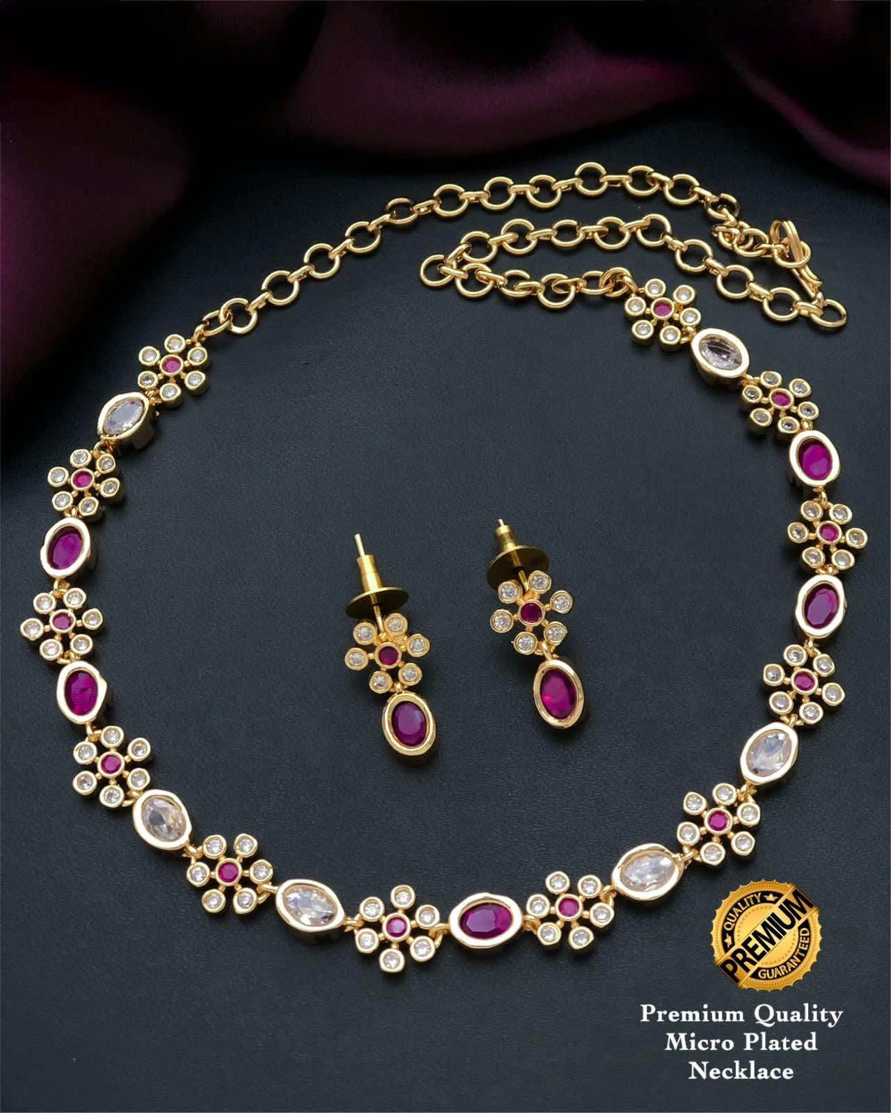 Simple south indian gold plated necklace designs | Oval stone American Diamond Flower design necklace | Indian Jewelry | Gift for her