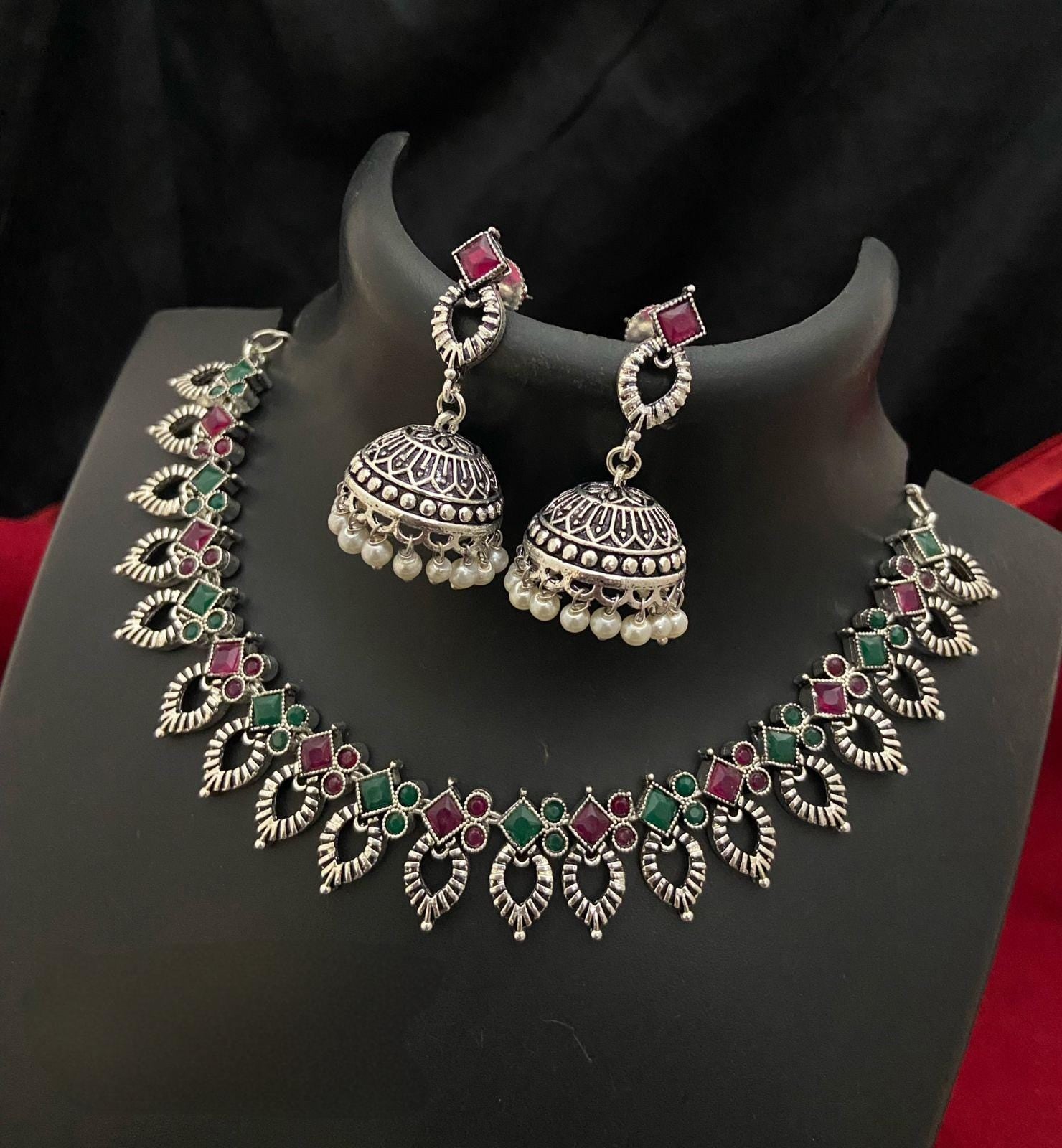 Silver Finish American Diamond, Ruby Red Stones/Beads and Pearls Choker popular Necklace Set with Jhumki Earrings