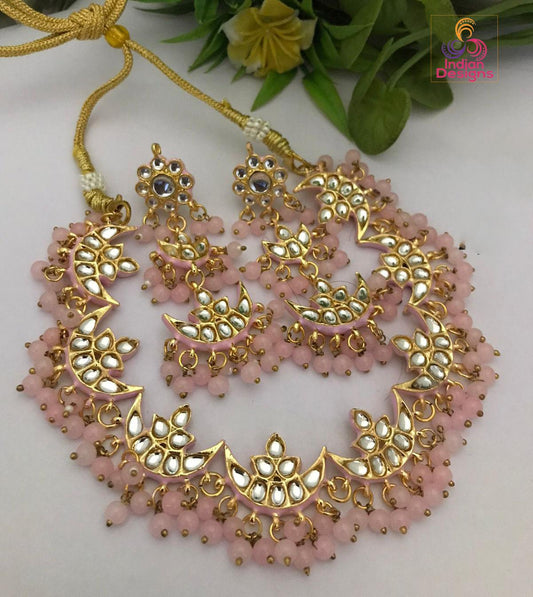 Kundan Necklace Set with Crescent Moon Design and Pearl Beads| Victorian Polki Choker Necklace set| Indian?Pakistani Jewelry| Gift for her