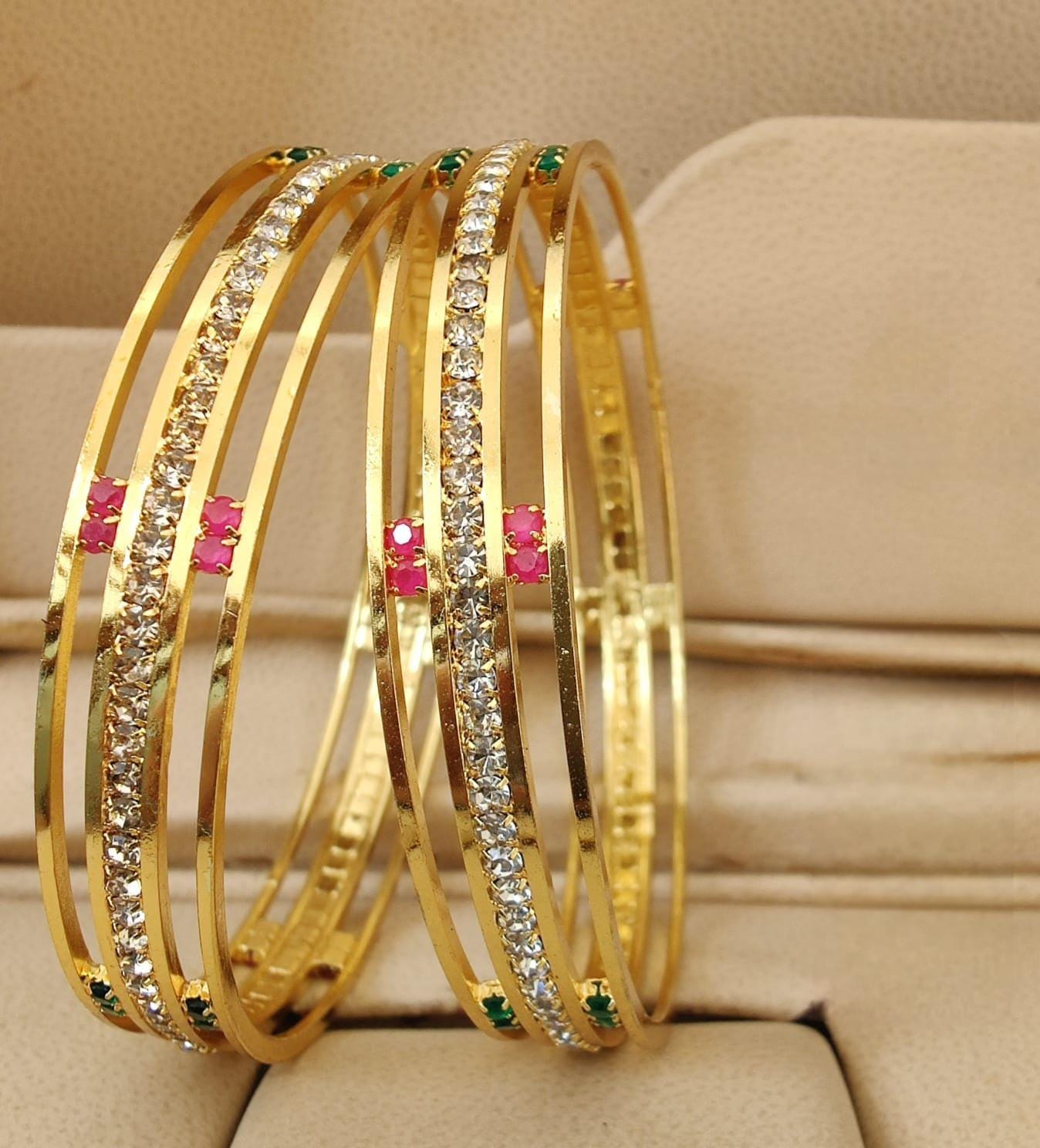 Gold Plated Crystal Bangle Set with Pink and Green Stones| Elegant Lightweight Bangles for Weddings| Indian Fashion Jewelry| Gift for her