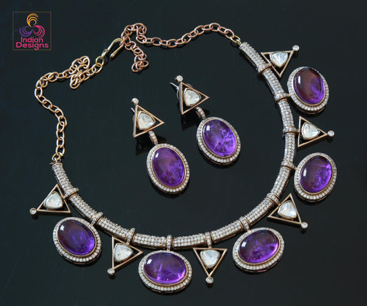 Purple Doublet and Moissanite Stone Necklace & Earring Set| Victorian Gold Purple Kundan Sabyasachi Inspired Jewelry| Statement necklace set