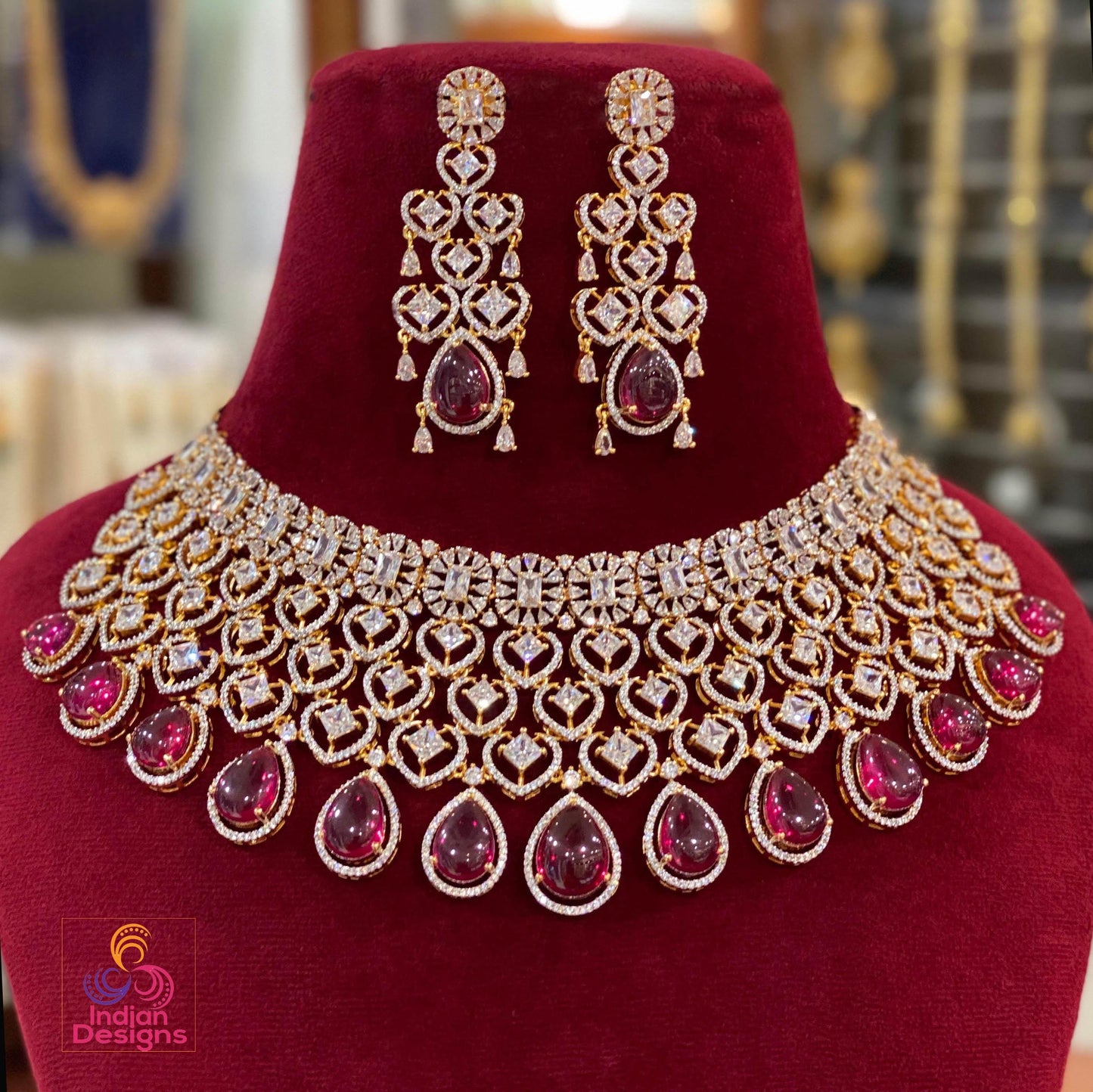 American Diamond Ruby Pink Bridal Choker Necklace Set with CZ stones| Statement Wedding Choker and Earring set|Indian Jewelry Gift for Her