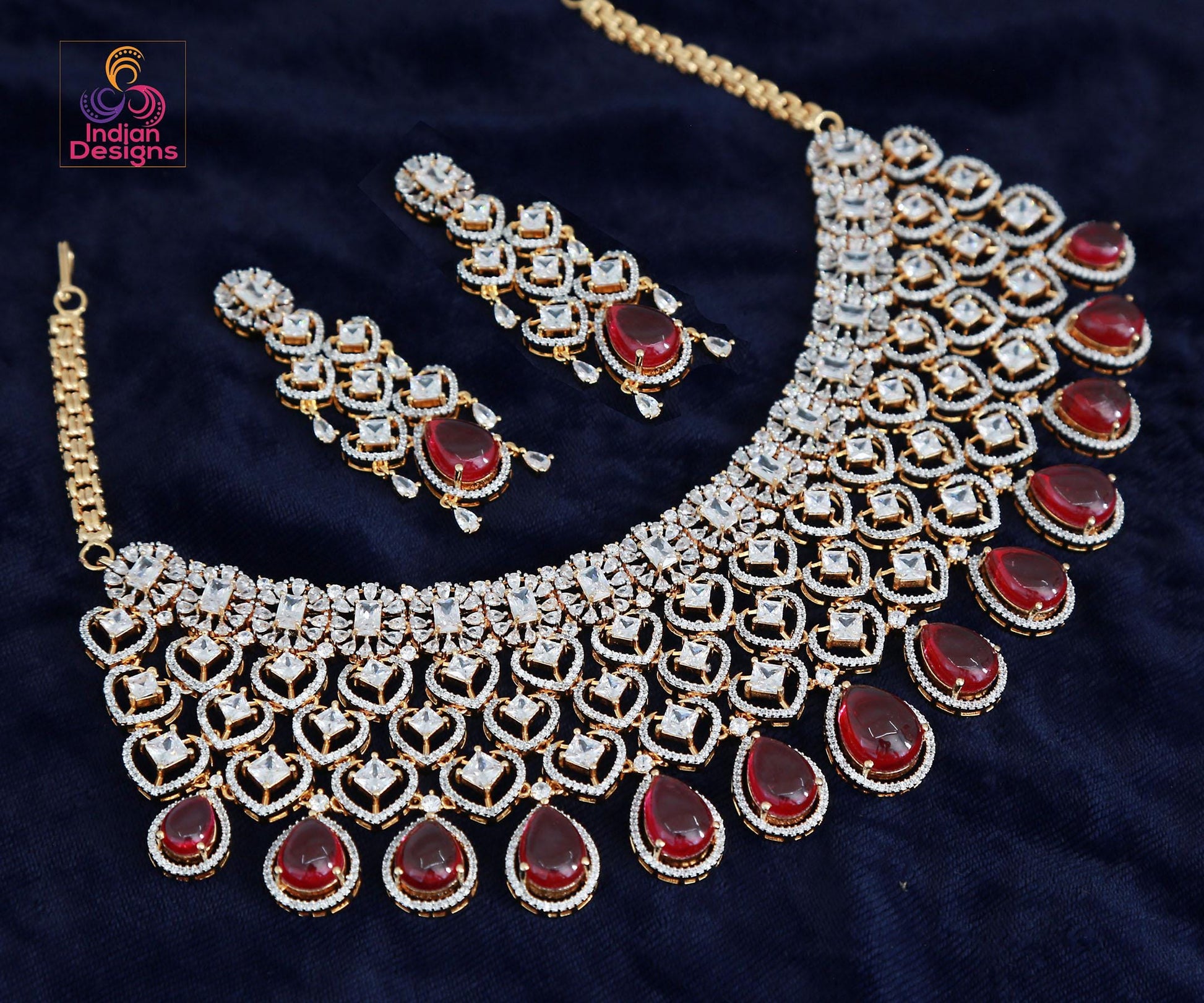 American Diamond Ruby Pink Bridal Choker Necklace Set with CZ stones| Statement Wedding Choker and Earring set|Indian Jewelry Gift for Her