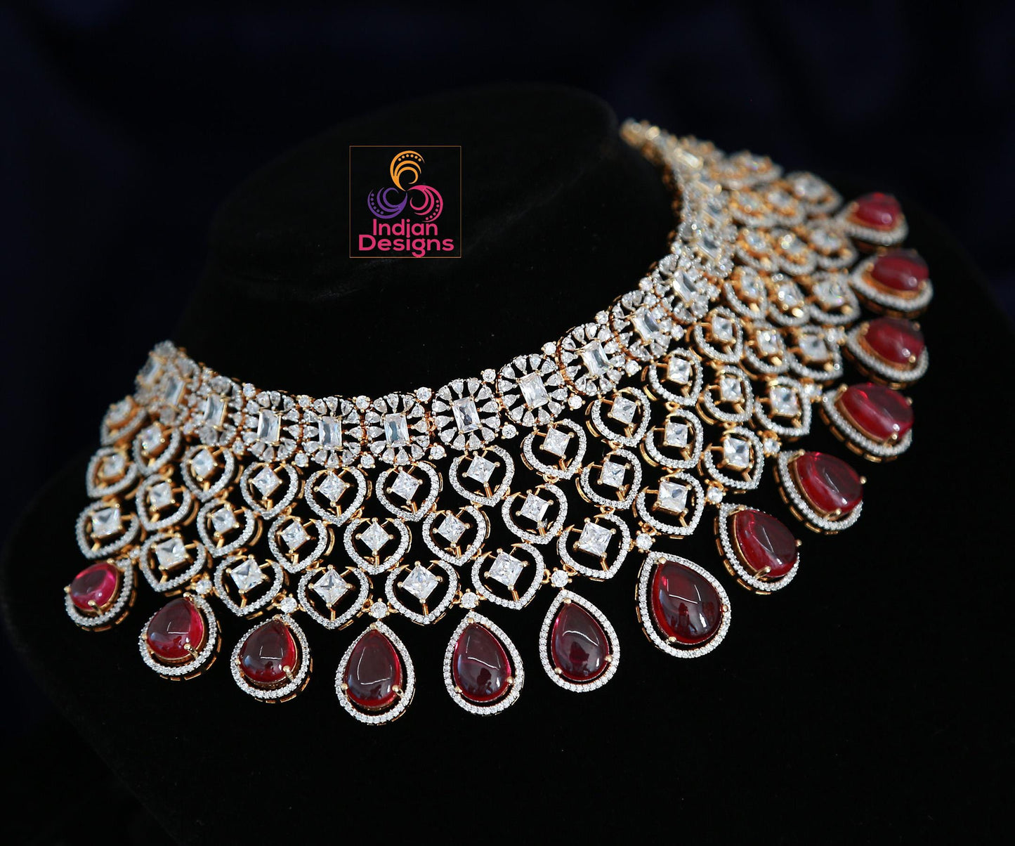 American Diamond Ruby Pink Bridal Choker Necklace Set with CZ stones| Statement Wedding Choker and Earring set|Indian Jewelry Gift for Her