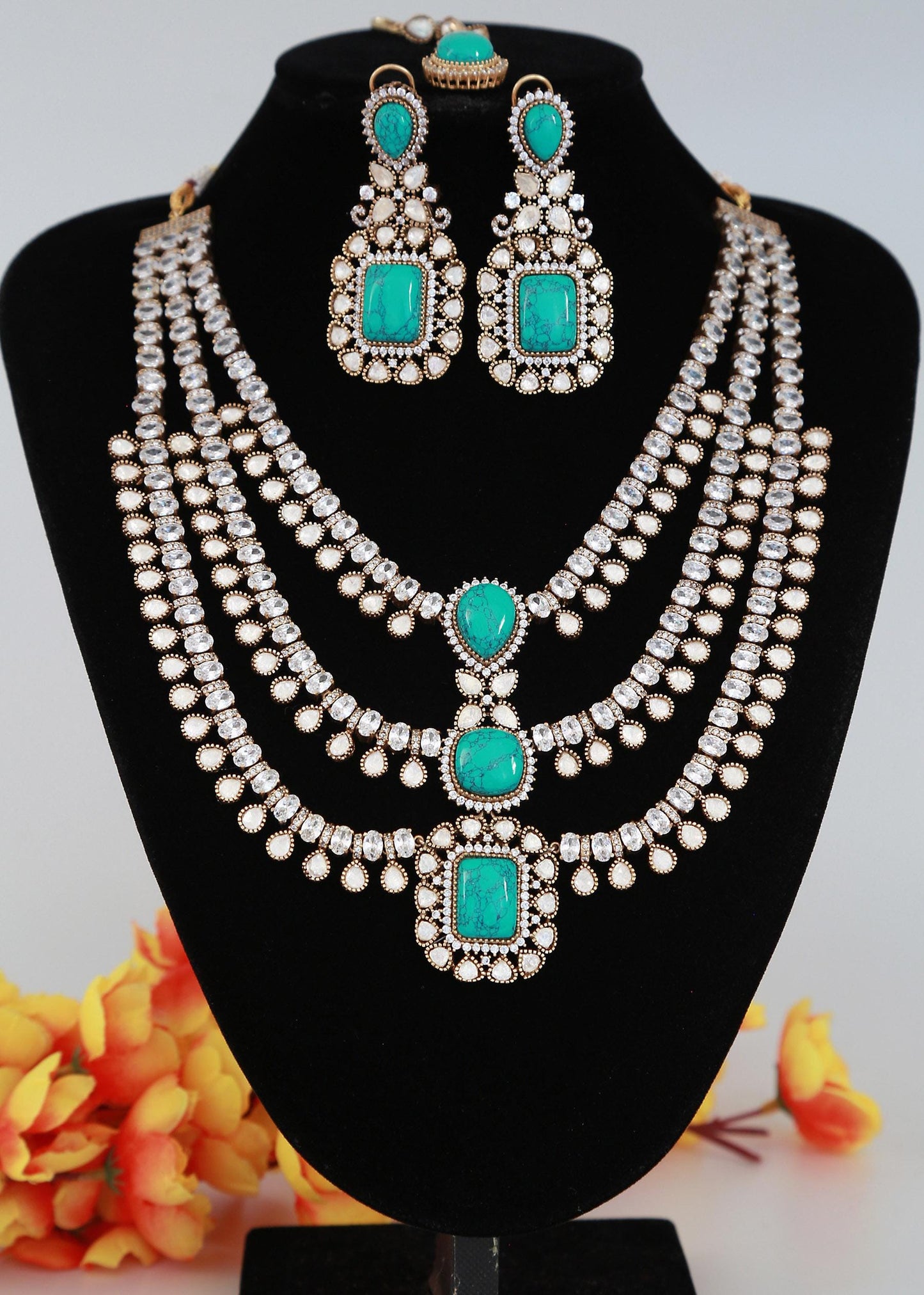 Turquoise Dull-Gold Moissanite Doublet Stone Necklace| Indian Wedding Jewelry| Sabyasachi Necklace| Multi-layered Necklace Set| gift for her