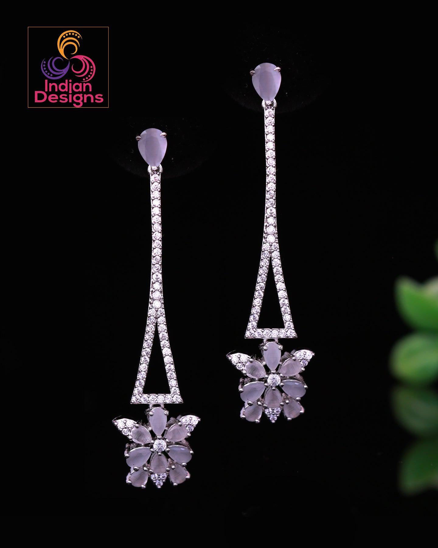 American Diamond CZ crystal Long Minimalist Floral Earrings