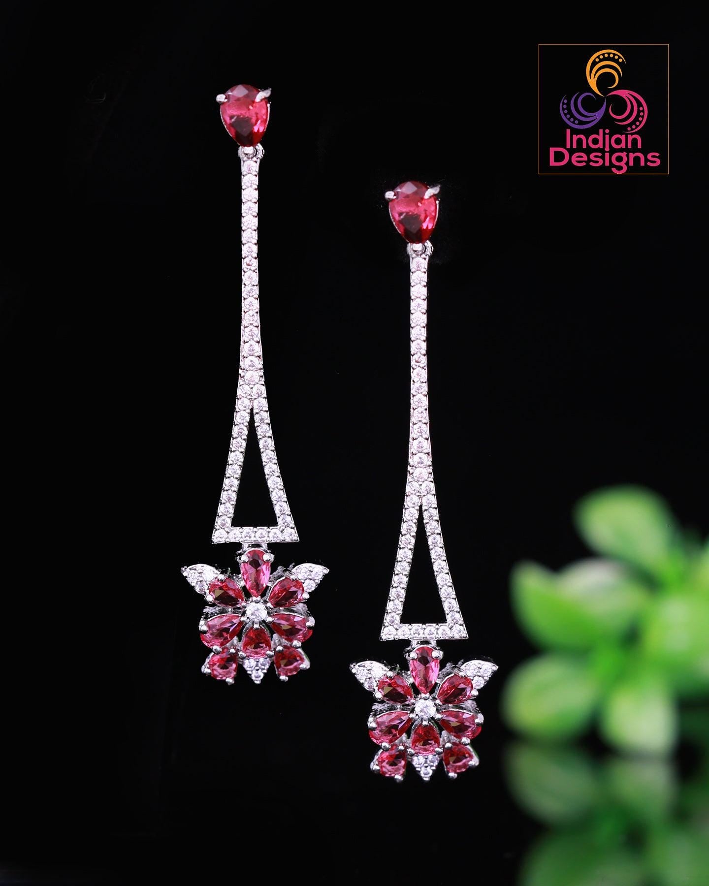 American Diamond CZ crystal Long Minimalist Floral Earrings