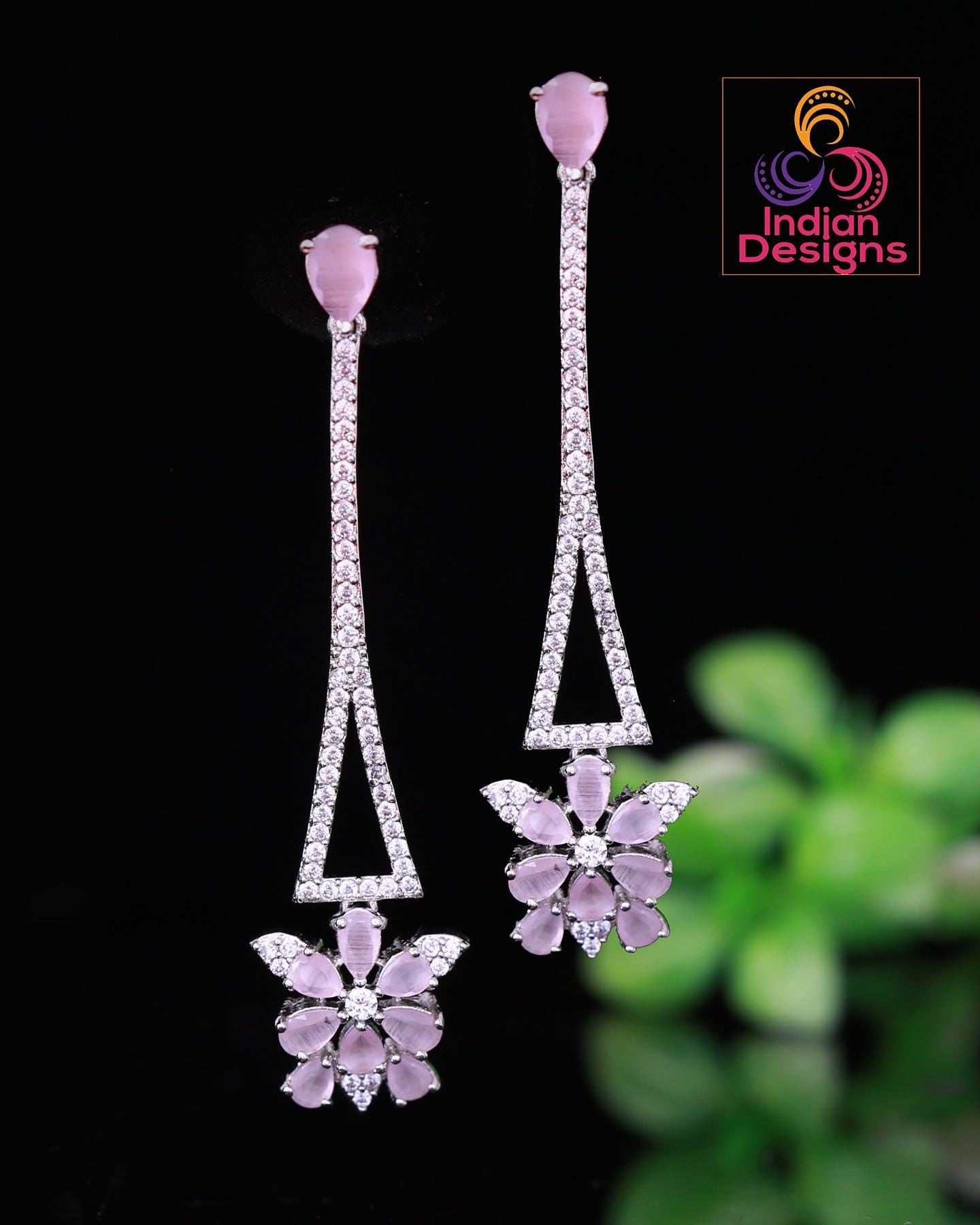 American Diamond CZ crystal Long Minimalist Floral Earrings