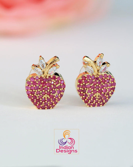 Apple Shape CZ Stud Earrings 14K Gold plated | American Diamond Apple shape tops