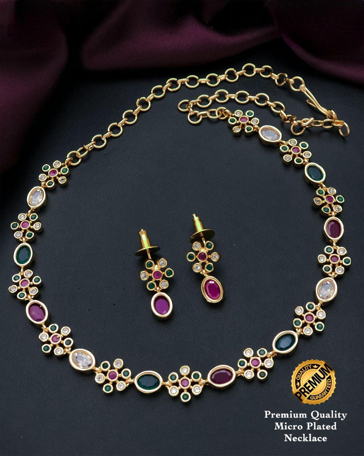Simple south indian gold plated necklace designs | Oval stone American Diamond Flower design necklace | Indian Jewelry | Gift for her