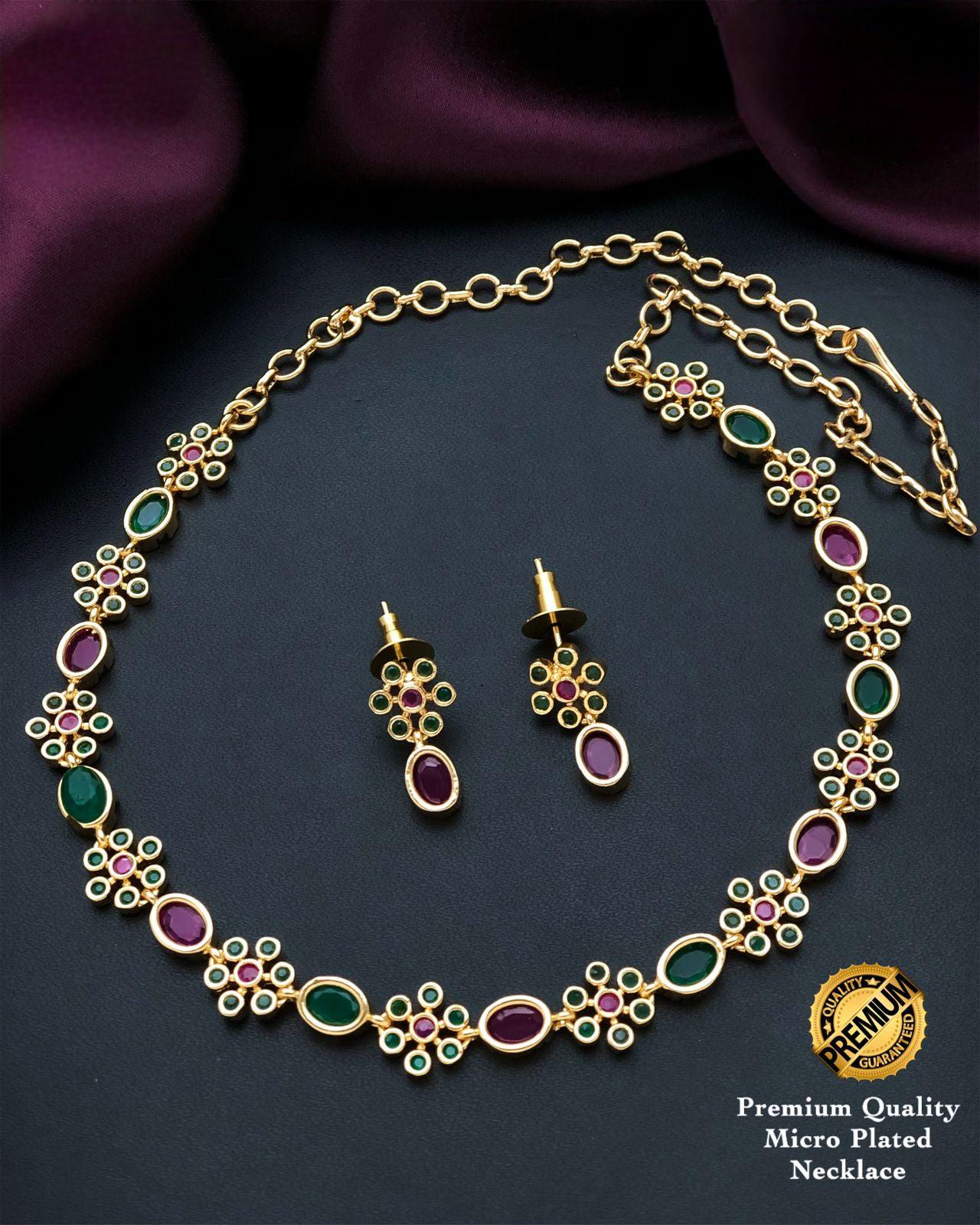 Simple south indian gold plated necklace designs | Oval stone American Diamond Flower design necklace | Indian Jewelry | Gift for her