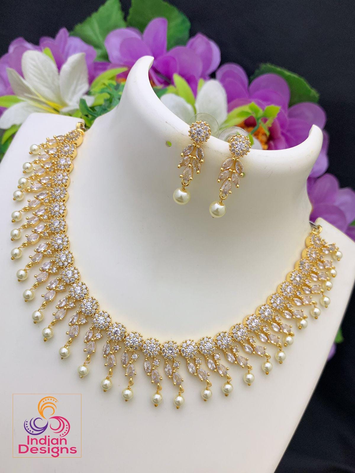 American diamond necklace set | Indian bridal necklace set online | gold-plated AD necklace set with earrings | Multi color crystal necklace