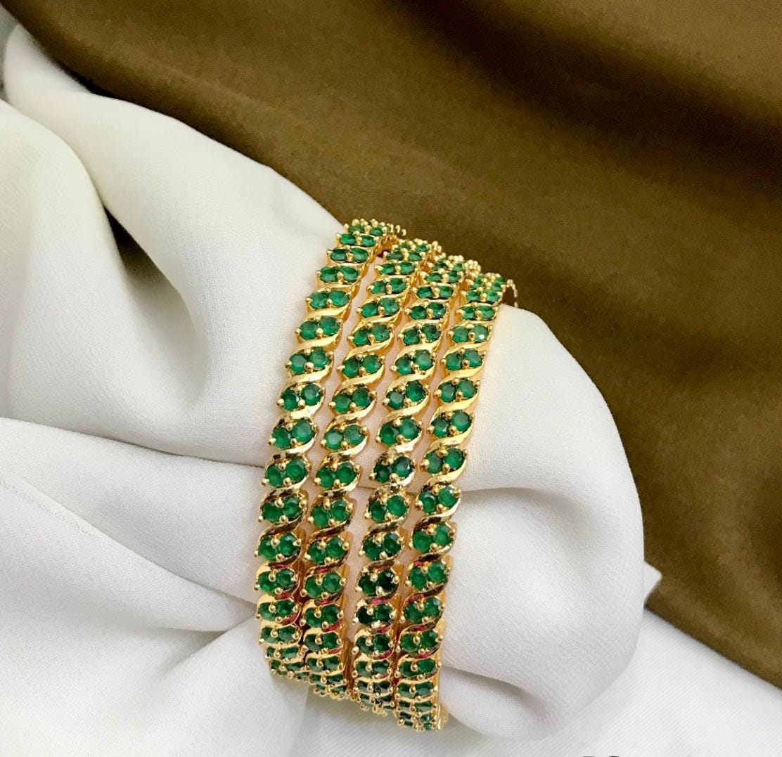 Gold Plated Daily Wear Green stone Bangles-set of 4| American Diamond Emerald Green Party wear bangle set| Traditional Indian style Bangles|