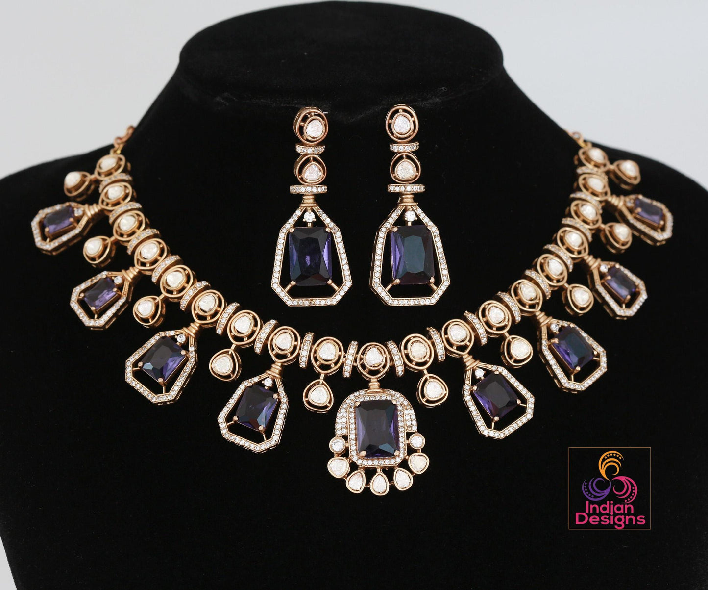 Victorian Gold Polish Kundan Necklace Set| Uncut Polki Diamond Kundan stone Necklace| Indian Wedding Bridal statement Necklace|Gift for her