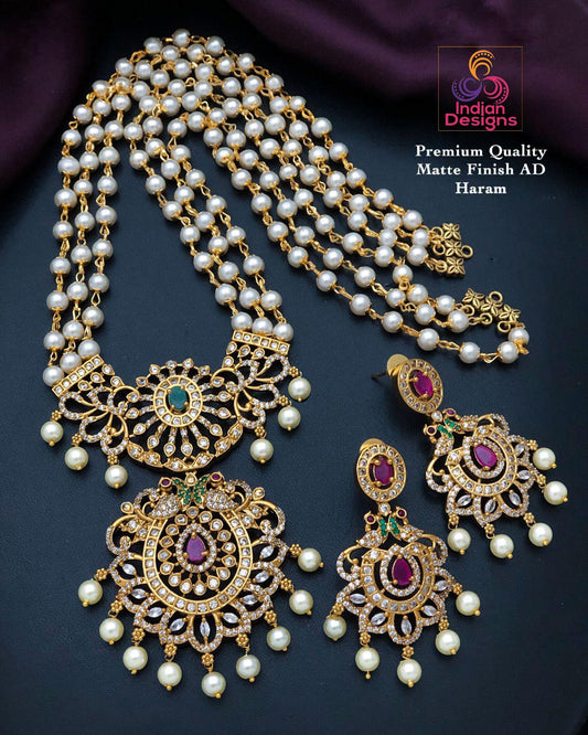 One Gram Gold Matte Finish Pearl Haram Pendant Set| Long Necklace with Earrings|American Diamond pendant with Ruby and Emerald Cz AD Stones