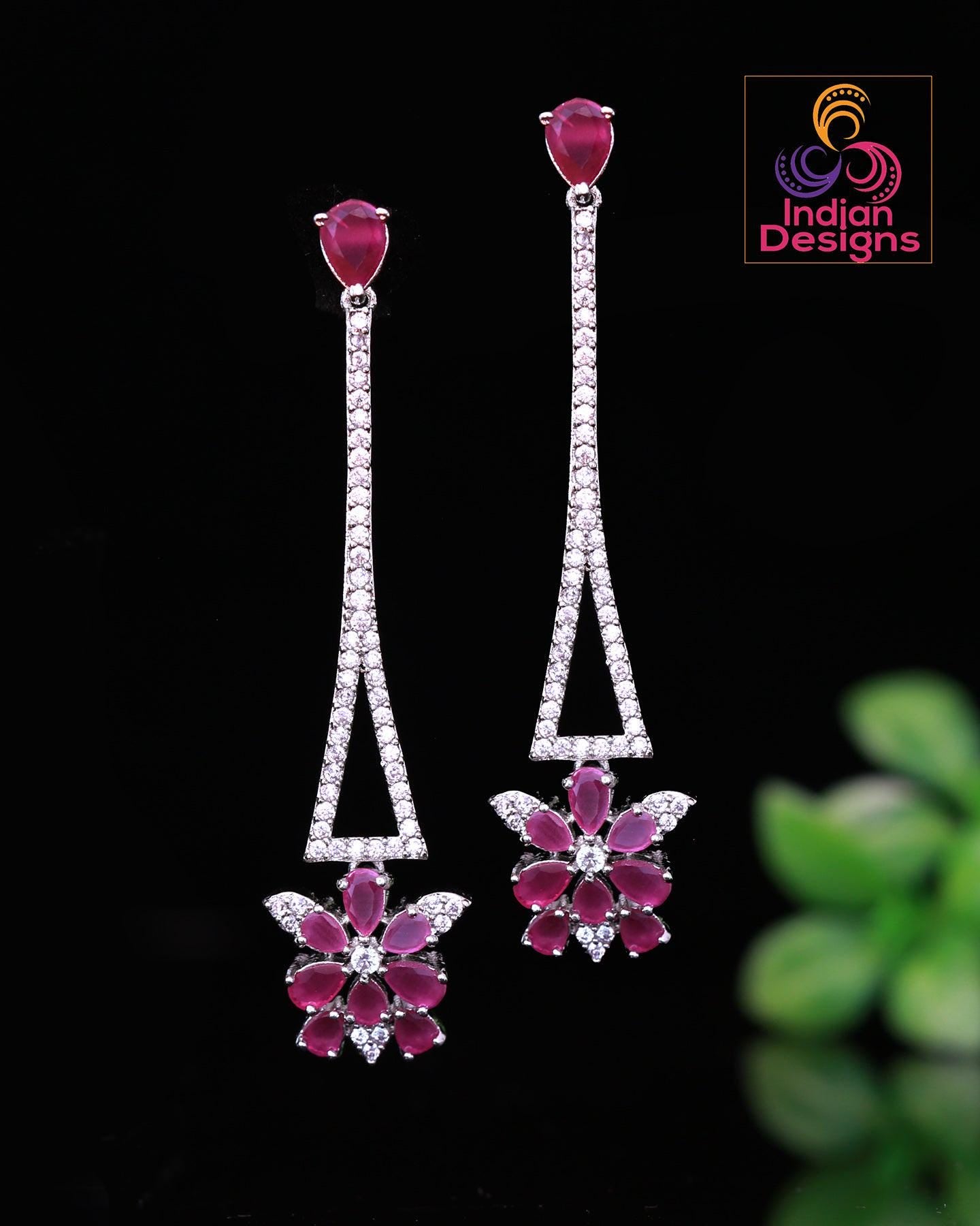 American Diamond CZ crystal Long Minimalist Floral Earrings