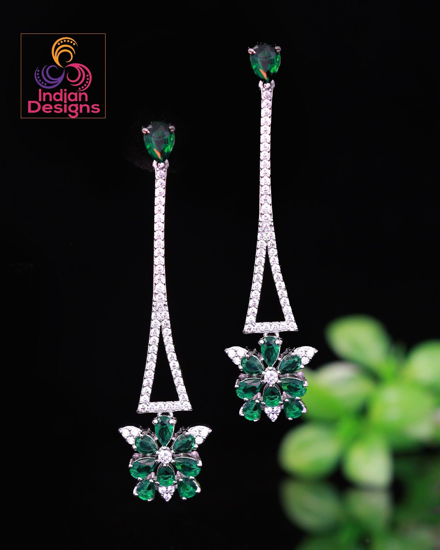 American Diamond CZ crystal Long Minimalist Floral Earrings