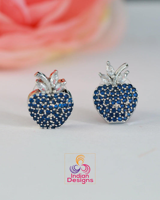 Silver Plated Apple shaped American Diamond CZ crystal Stud earrings