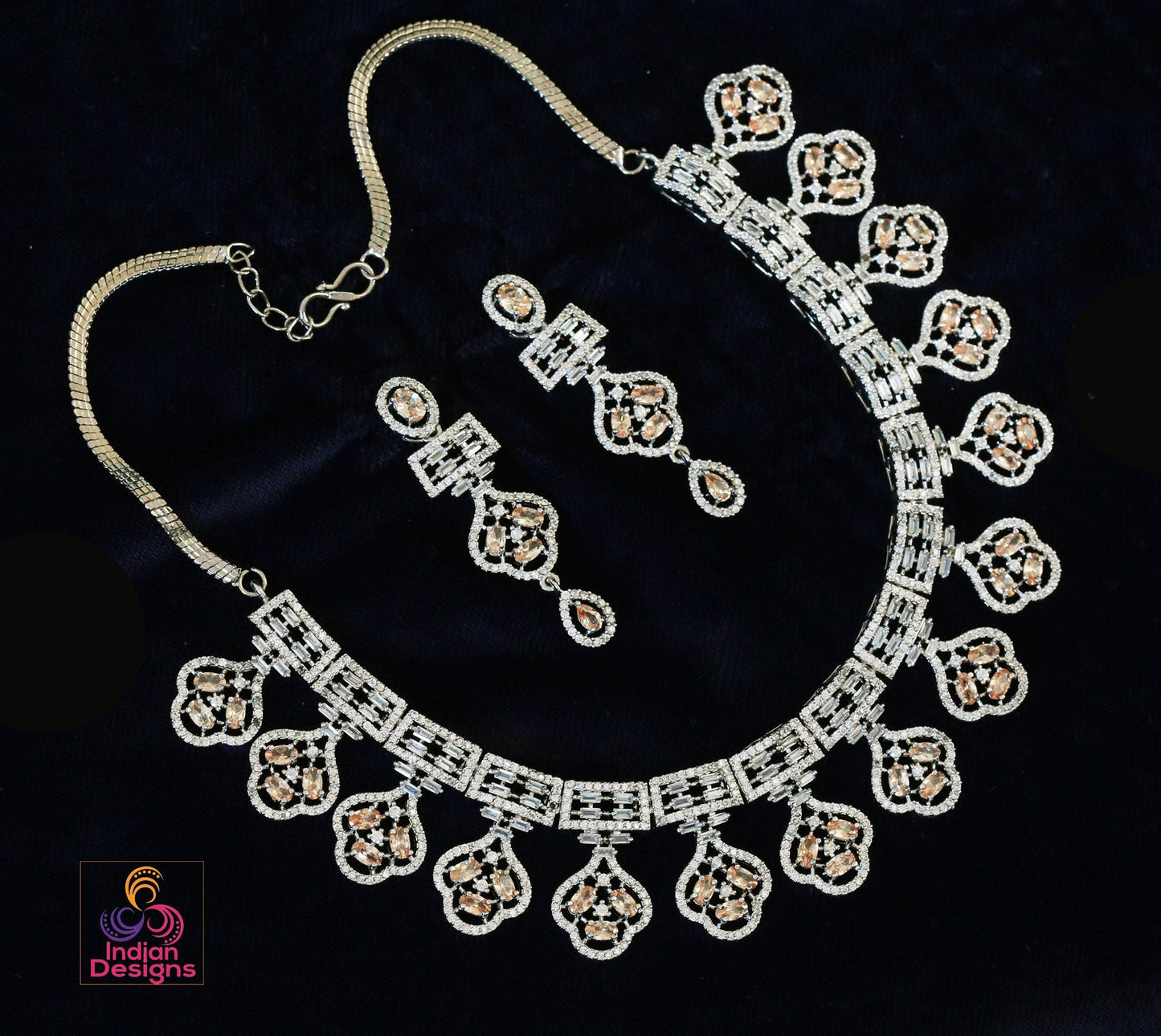 Rhodium Plated Indian American Diamond Cubic Zirconia CZ Bridal Necklace with Matching Eardrops