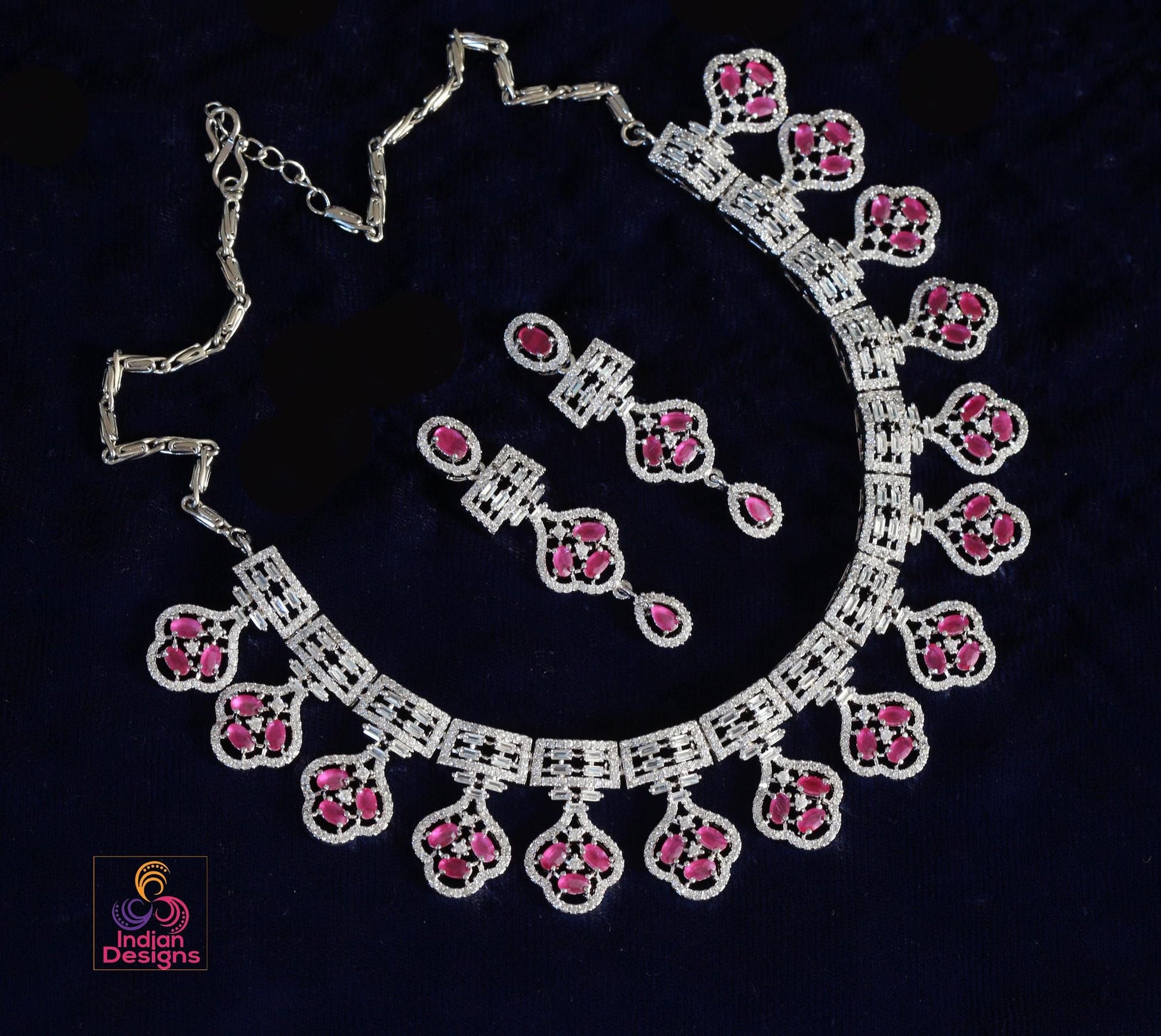 Rhodium Plated Indian American Diamond Cubic Zirconia CZ Bridal Necklace with Matching Eardrops