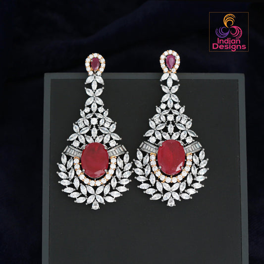 American Diamond Ruby stone Long Earrings| Indian Earrings| Silver Plated AD Stone Dangler Earrings| Statement Earrings| Wedding Earrings