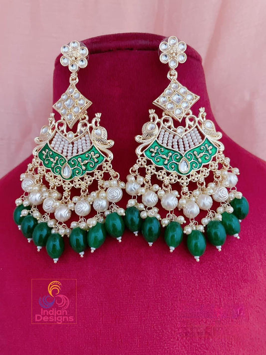 Green Meenakari Kundan Chandbali Earrings| Party Wear Long Earring| Bollywood Bridal Earrings| Indian Wedding Earrings| Pakistani Earrings