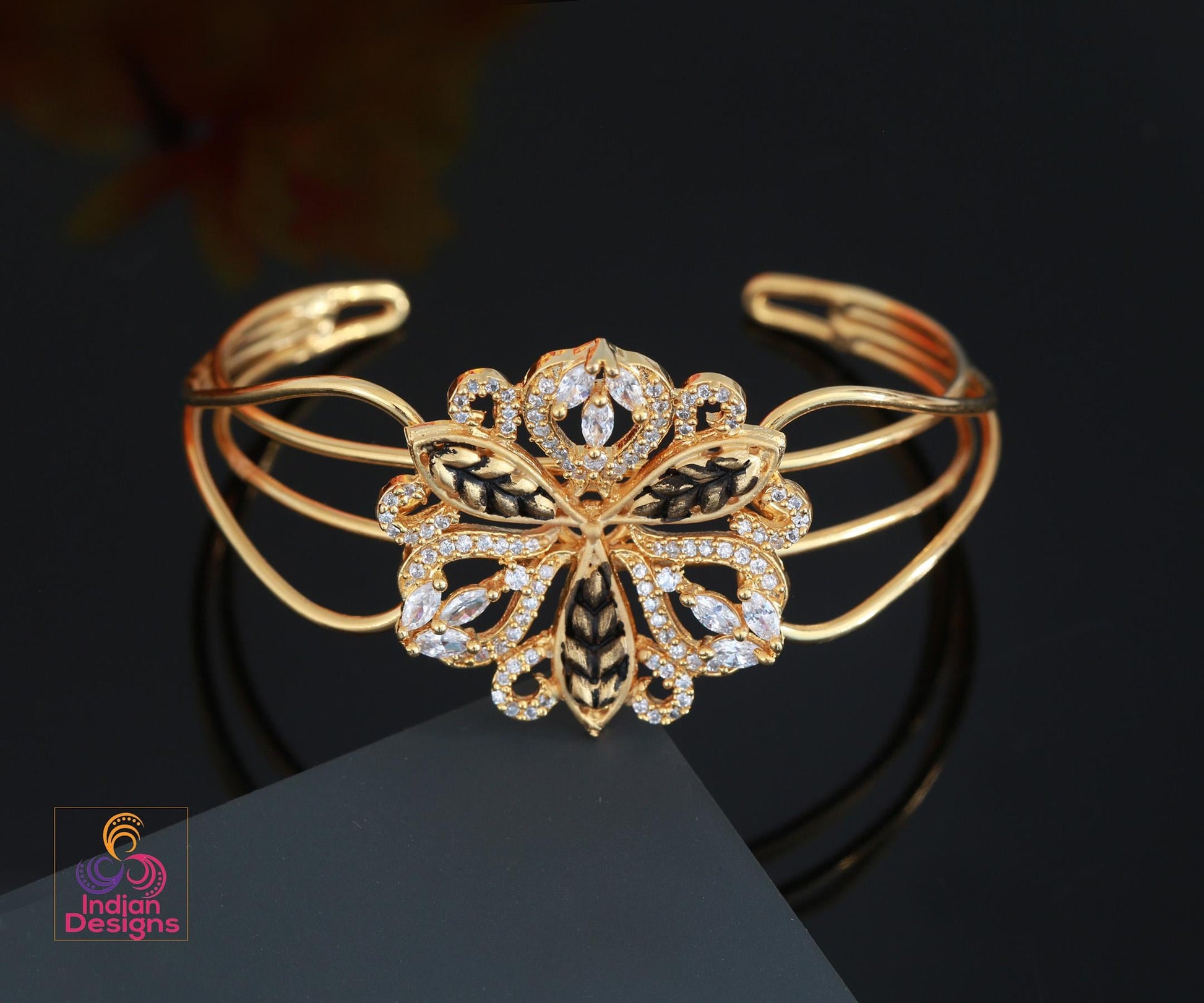 Gold-Plated Floral Cuff Bracelet | American Diamond Crystal bracelet| Statement Fashion Bangle bracelet| Enamel cuff bracelet| Gift for her