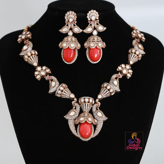 Moissanite Polki stone Statement Necklace Set| Kundan Polki Indian Wedding Jewelry|American Diamond Bridal necklace Earring set|Gift for her