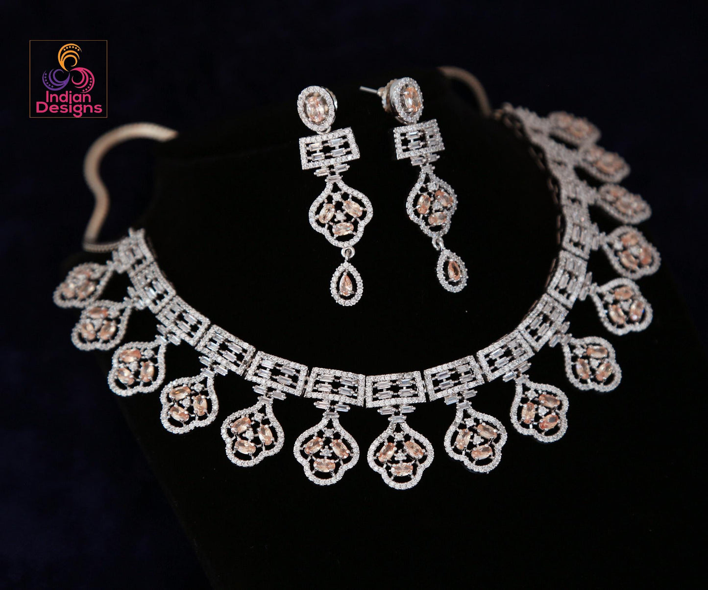 Rhodium Plated Indian American Diamond Cubic Zirconia CZ Bridal Necklace with Matching Eardrops