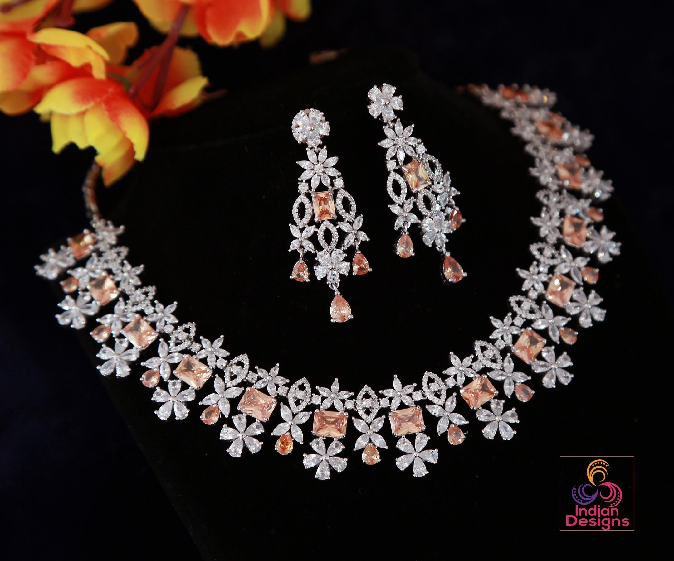 Indian hot Reception Necklace/Indian Bridal Jewelry with earrings/CZ Necklace Set/American Diamond Necklace/Semi Precious Stone Choker/Wedding