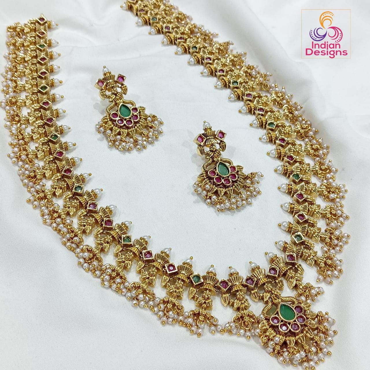 Traditional Guttapusalu matte finish Necklace set| South Indian wedding jewelry| Antique gold Temple style necklace with matching earrings