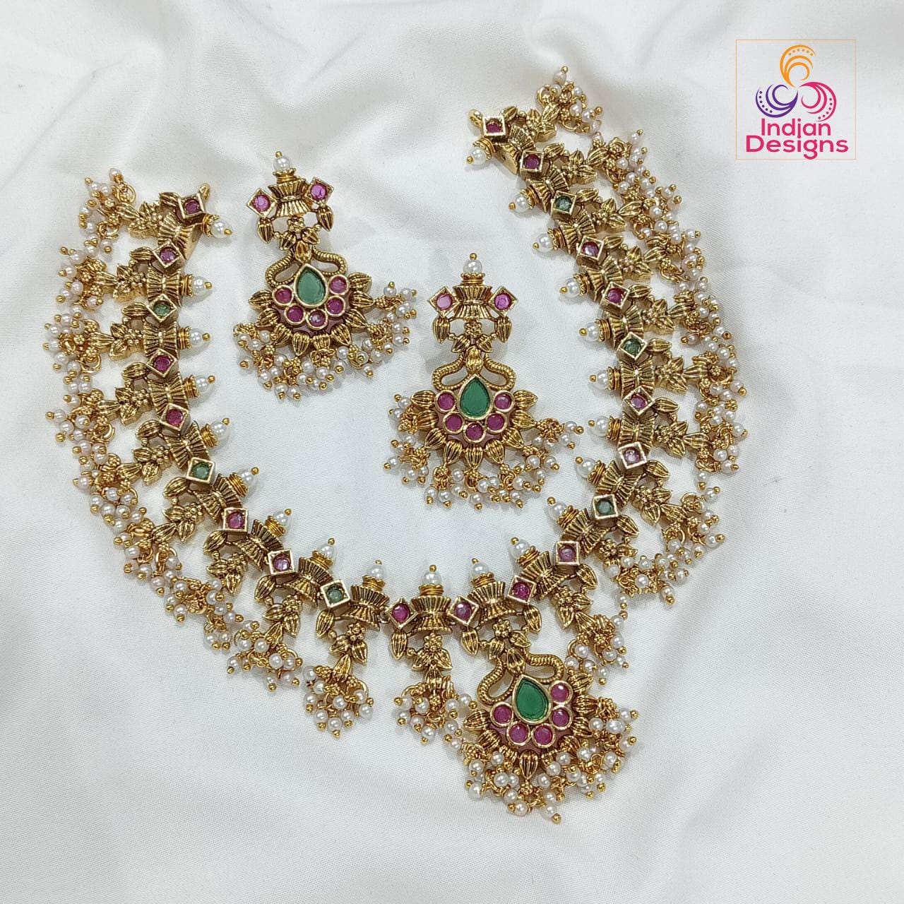 Traditional Guttapusalu matte finish Necklace set| South Indian wedding jewelry| Antique gold Temple style necklace with matching earrings