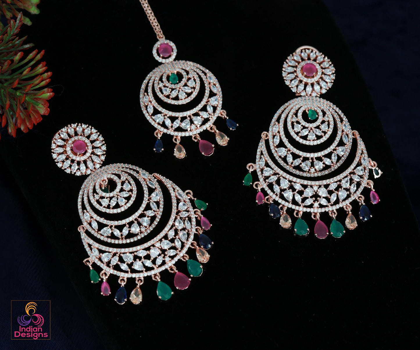 Rose Gold American Diamond Chandbali Earrings Mang tikka set| Indian Bollywood style CZ Earrings Maang Tikka Combo Set| Wedding Gift for her