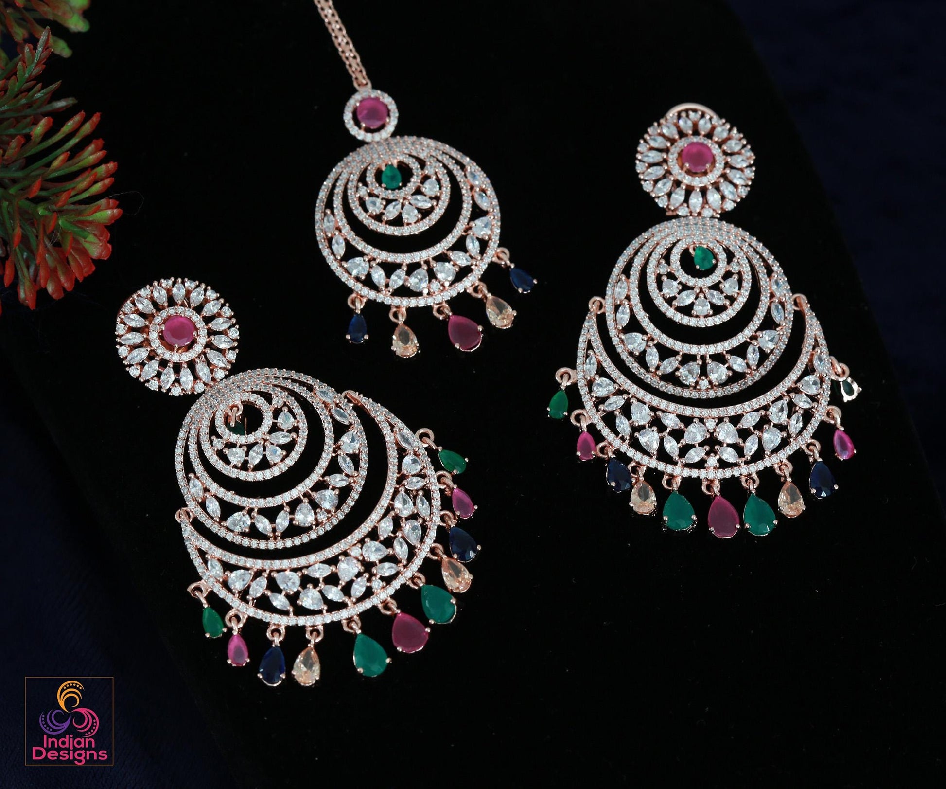 Rose Gold American Diamond Chandbali Earrings Mang tikka set| Indian Bollywood style CZ Earrings Maang Tikka Combo Set| Wedding Gift for her