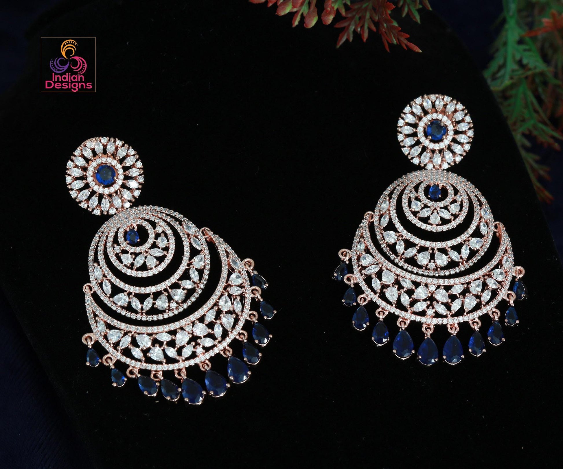Rose Gold American Diamond Chandbali Earrings Mang tikka set| Indian Bollywood style CZ Earrings Maang Tikka Combo Set| Wedding Gift for her