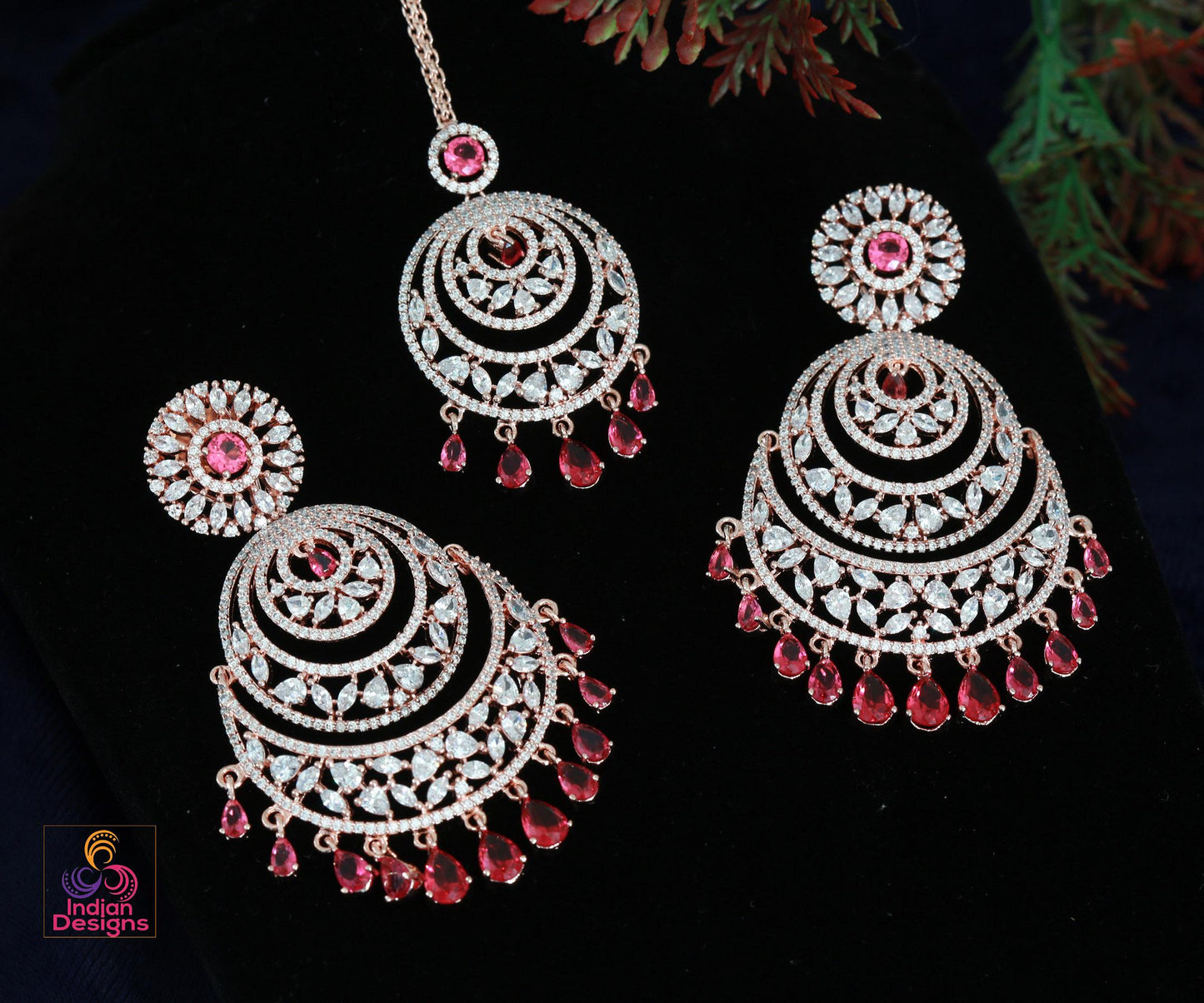 Rose Gold American Diamond Chandbali Earrings Mang tikka set| Indian Bollywood style CZ Earrings Maang Tikka Combo Set| Wedding Gift for her