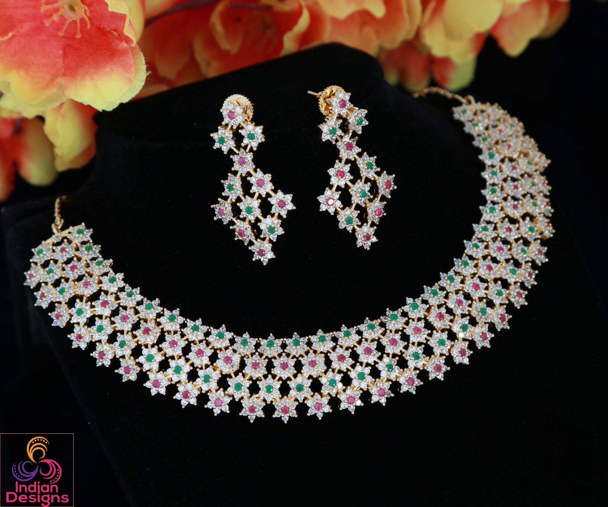American Diamond Ruby Emerald Crystal star design gold choker necklace | Indian Bollywood Wedding Fashion Jewelry set | Statement Necklace