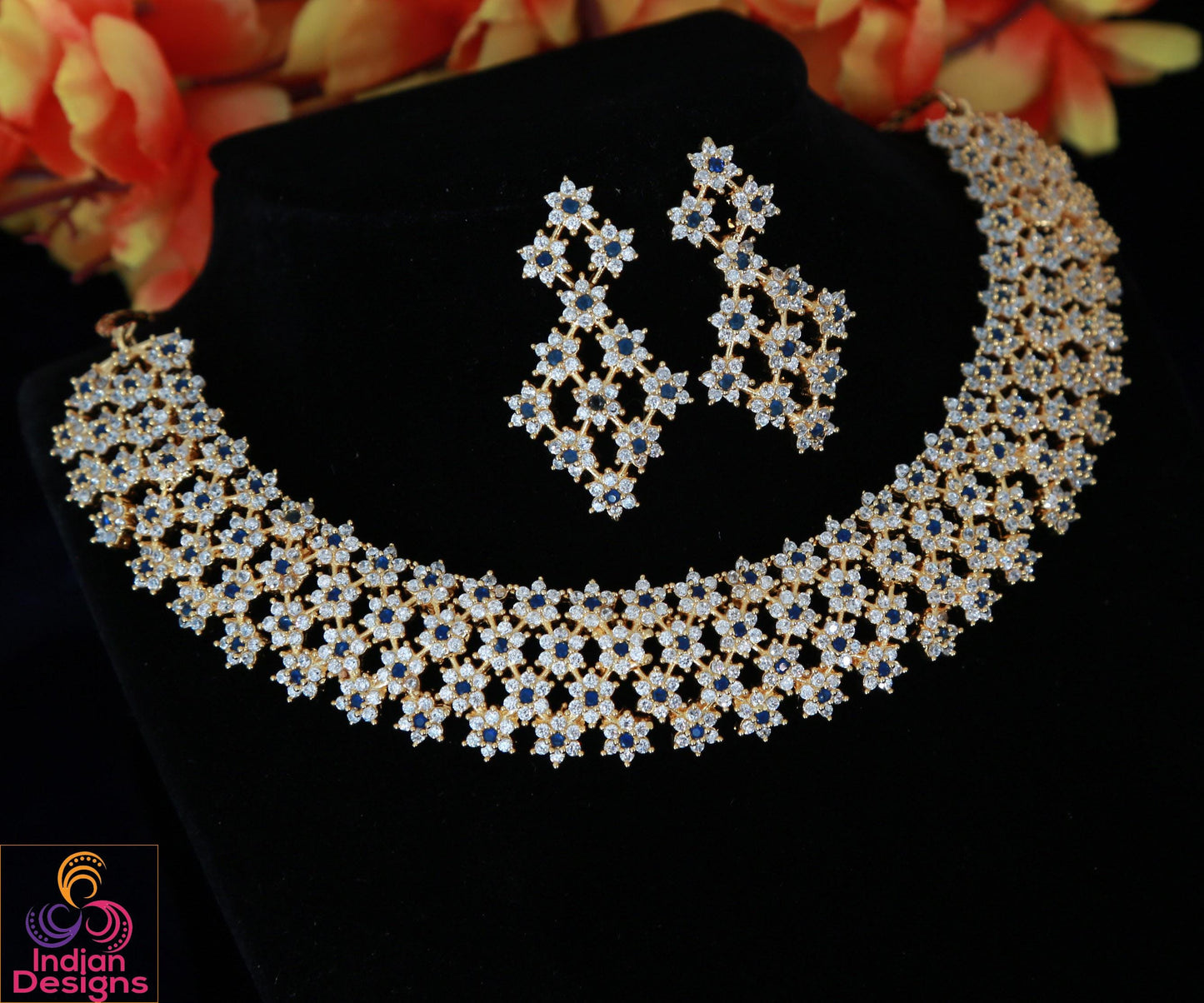 American Diamond Ruby Emerald Crystal star design gold choker necklace | Indian Bollywood Wedding Fashion Jewelry set | Statement Necklace