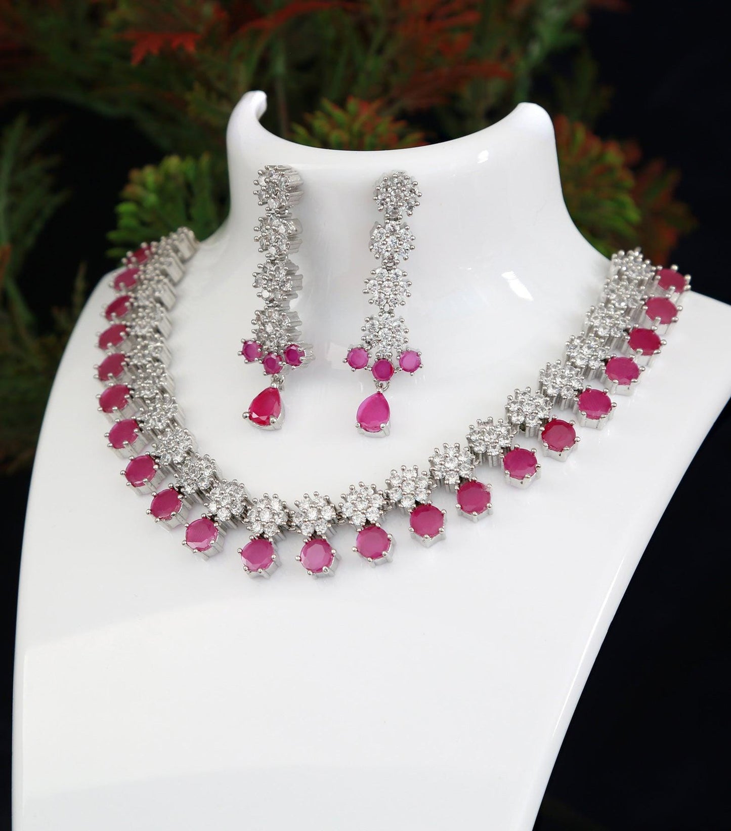 Silver CZ American Diamond necklace set | Color stone statement necklace | Necklace earrings for saree