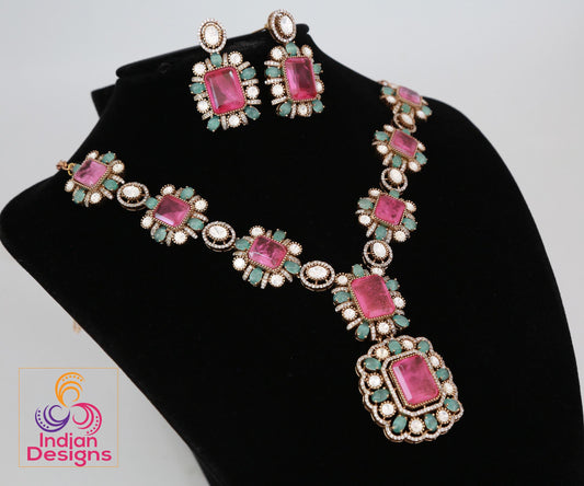 Doublet stone Moissanite Polki Necklace & Earring Set| Victorian Gold Emerald and Pink Kundan Sabyasachi Statement necklace set|Gift for her