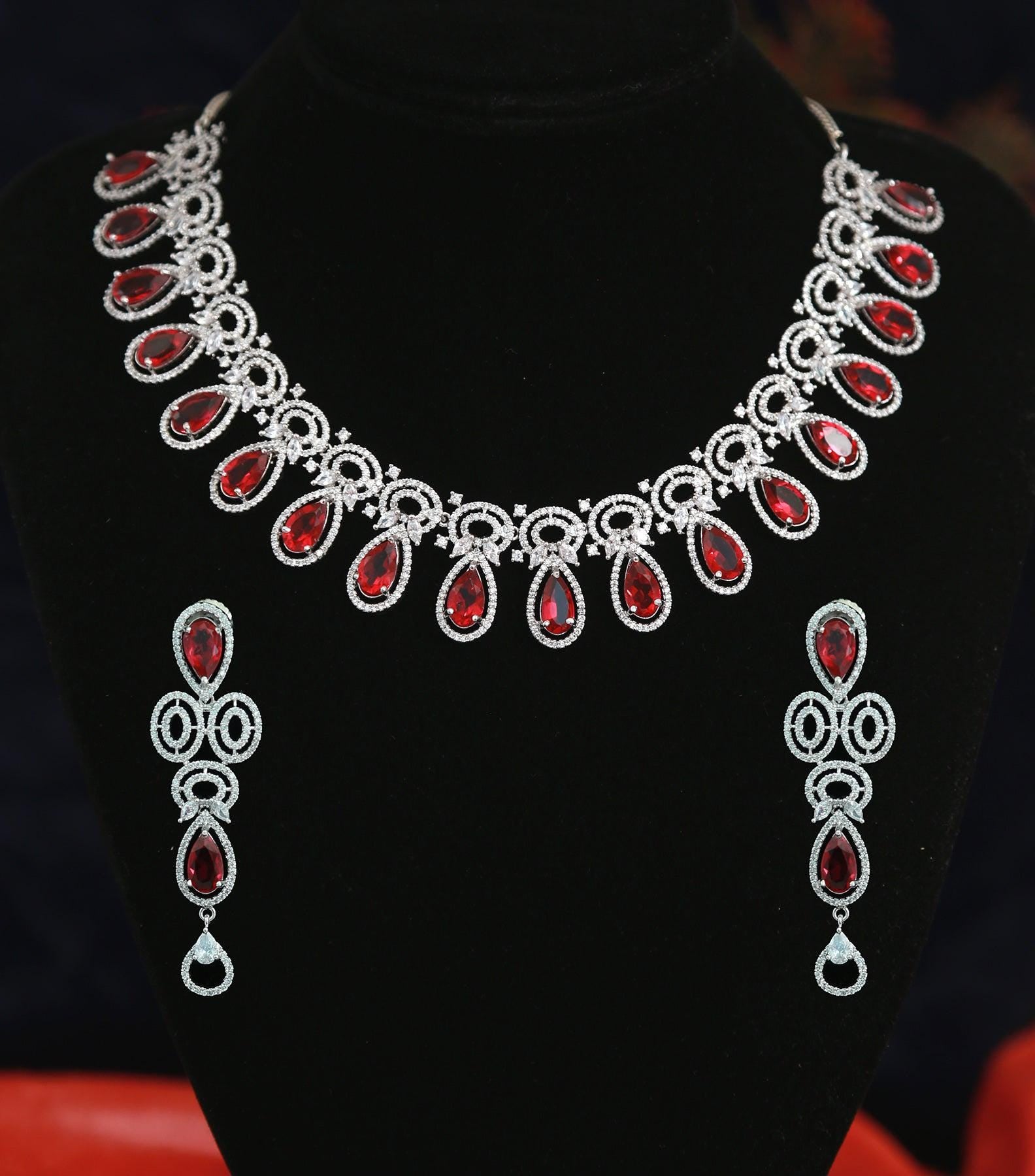 Silver American Diamond Tear-drop Pink necklace set | High end crystal necklace and Earrings