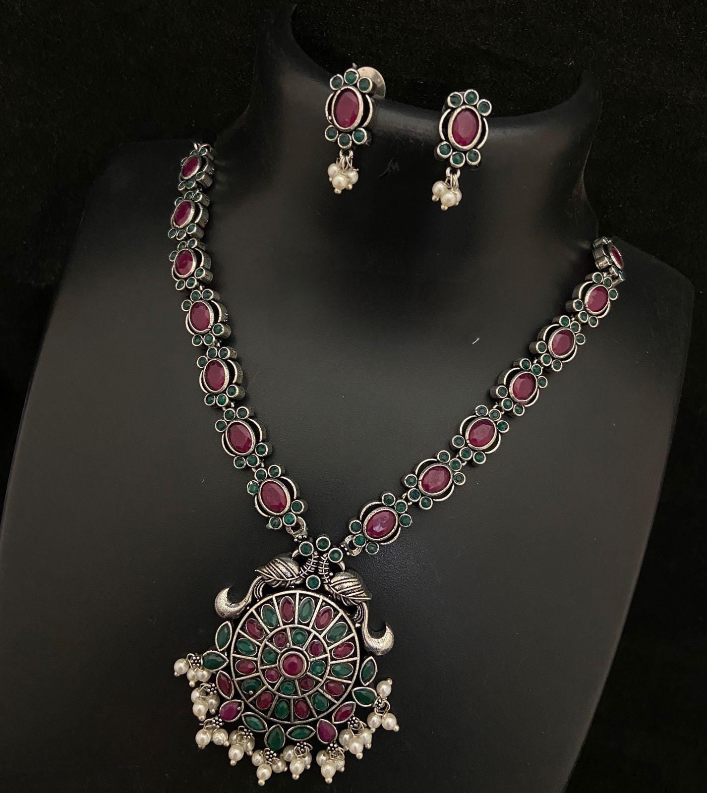 Premium Quality German Silver Oxidized Indian jewelry necklace| Indian Ethnic Jewelry| Oxidized Silver peacock Pendant Party Wear Jewelry