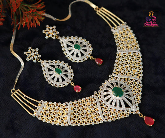 Gold tone Ruby Green AD Choker necklace|South Indian style American Diamond Necklace Earring set| Indian Bollywood Wedding Statement jewelry