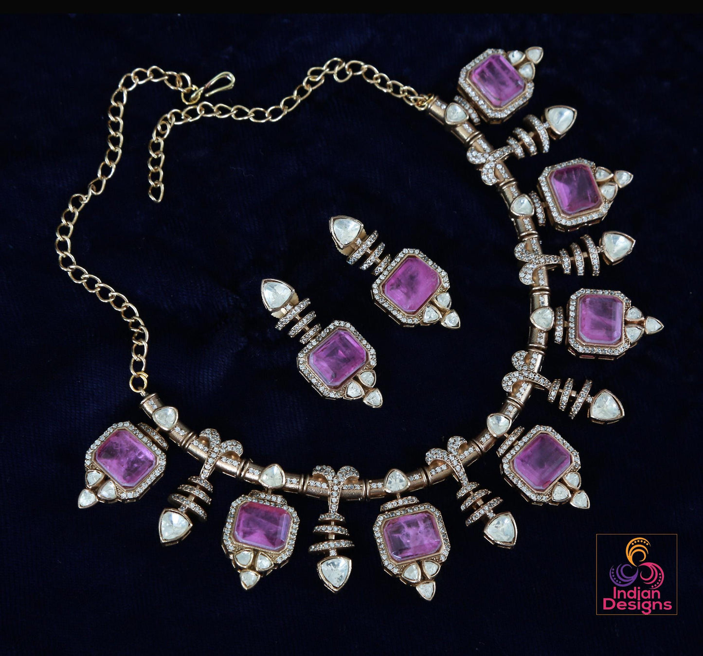 Pink Doublet and Moissanite Stone Necklace & Earring Set| Victorian Gold Purple Kundan Sabyasachi Inspired Jewelry| Statement necklace set